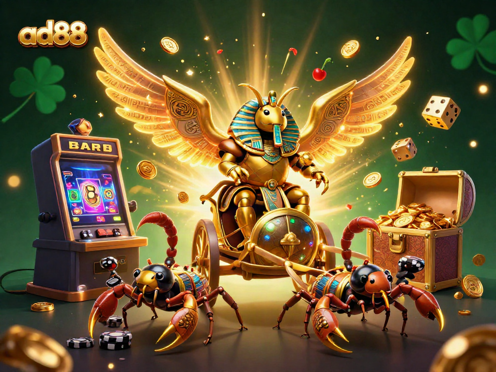 Experience the thrilling world of ad88 with a vibrant 3D illustration of a colossal scarab beetle casino adventure.