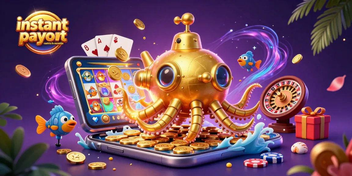 Spin wins at instant payout casinos in australia with a golden kraken submarine in a rich, colorful gambling scene.