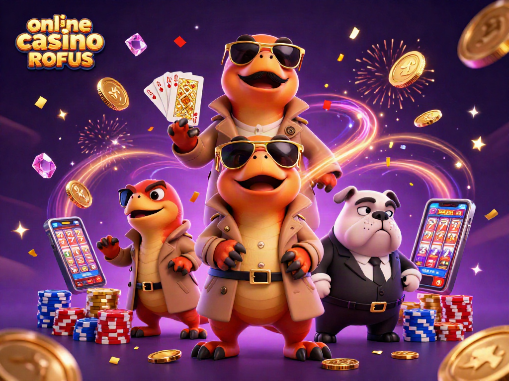 Engage with online casino uden ROFUS featuring fun and dynamic gaming elements and raptors in a trench coat.