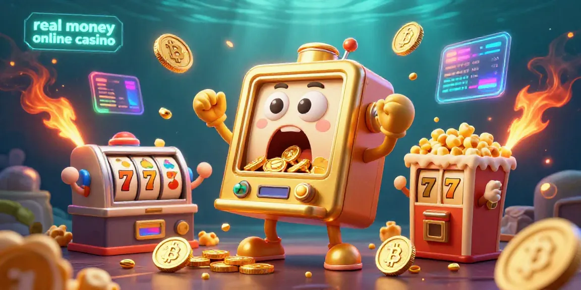 Experience the excitement of a real money online casino with a glowing slot machine hitting a jackpot in style.