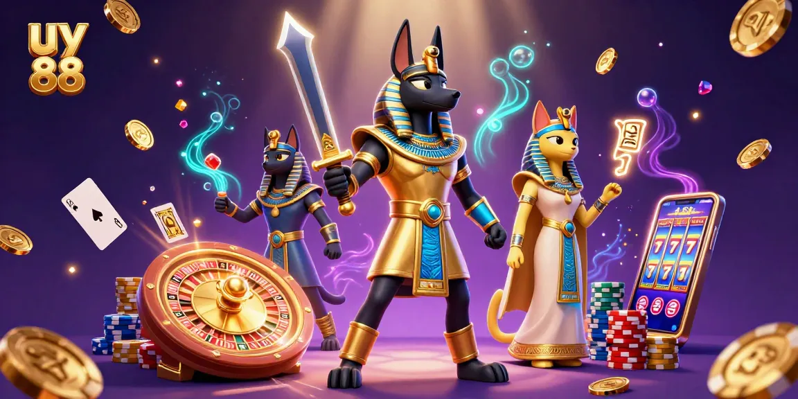 Experience the excitement of uy 88 as Anubis and Bastet celebrate winning with coins and games.