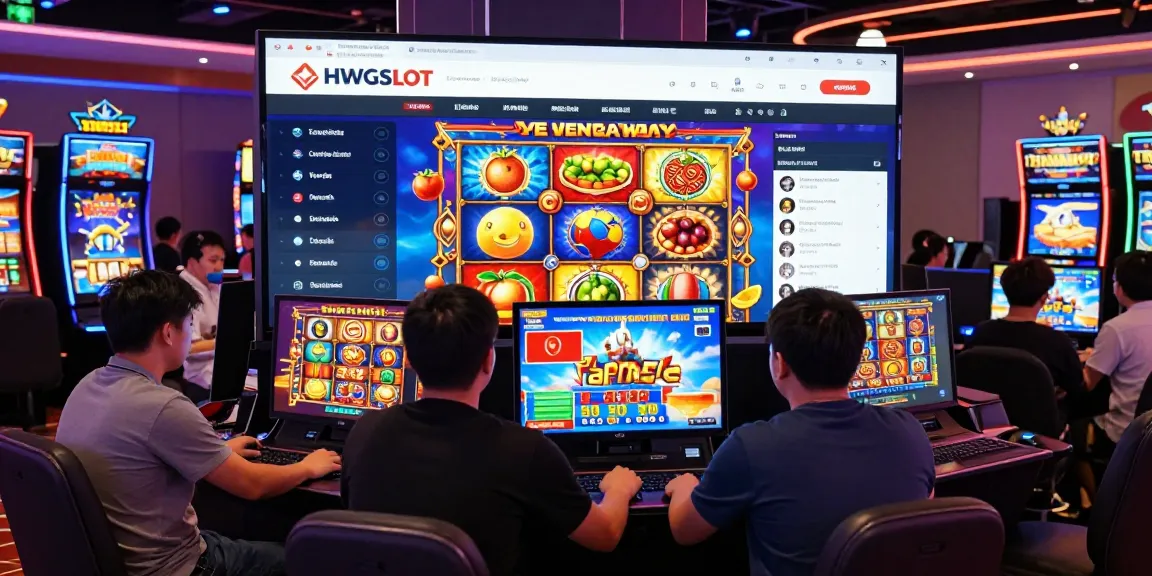 Engaged players enjoying HWGSLOT online gaming experience with colorful slot themes and lively atmosphere.