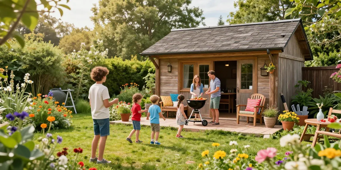 Familie genießt Zeit im Garten mit einem stilvollen Gartenhaus, blühenden Pflanzen und Holzterrasse