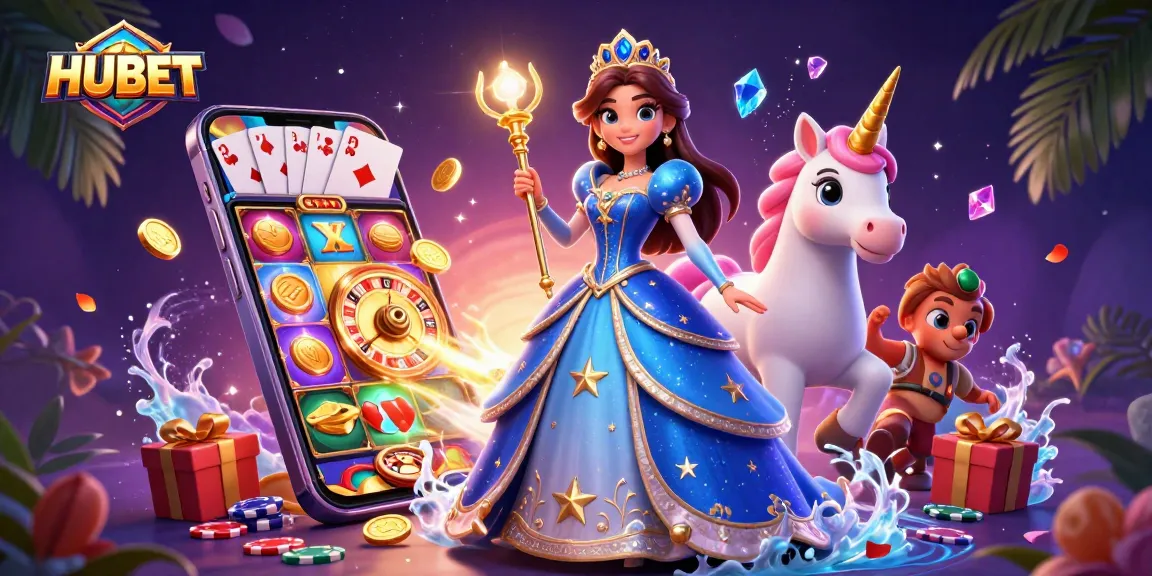Experience vibrant gaming with HUBET's 3D illustration of captivating casino elements and enchanting characters.