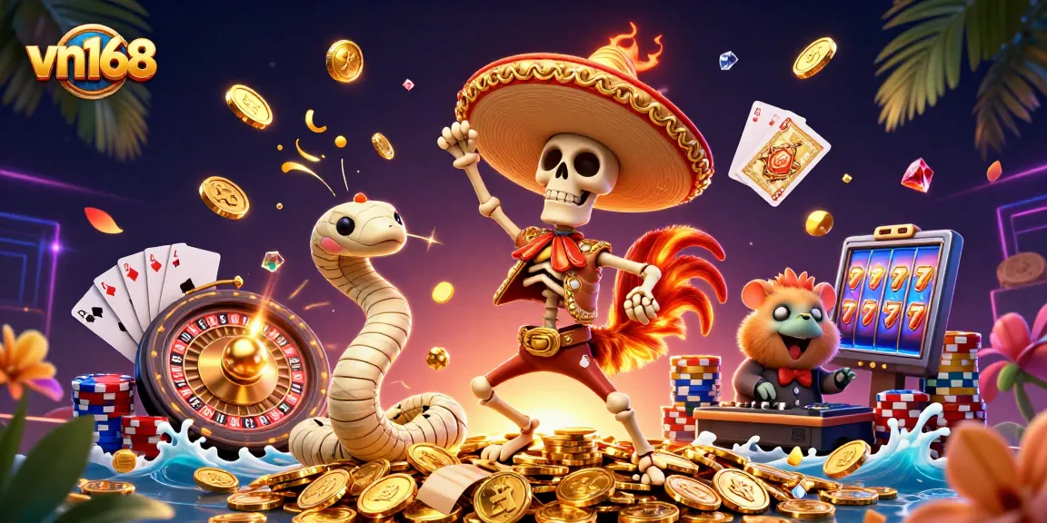 Spin the reels at vn168 casino with vibrant characters celebrating riches and excitement.