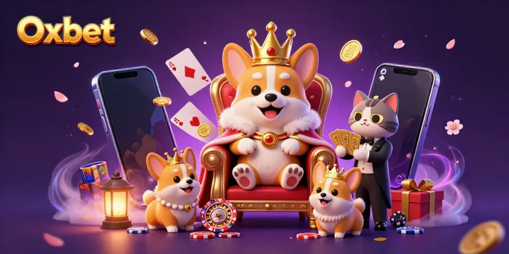 Engage with thrilling casino action at Oxbet, featuring a royal corgi, card deck, and vibrant slot games.