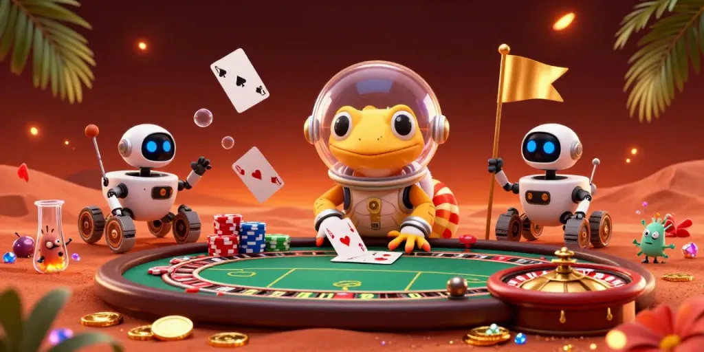 Experience thrilling gameplay at Poker88 with a vibrant casino scene featuring our Martian gecko.