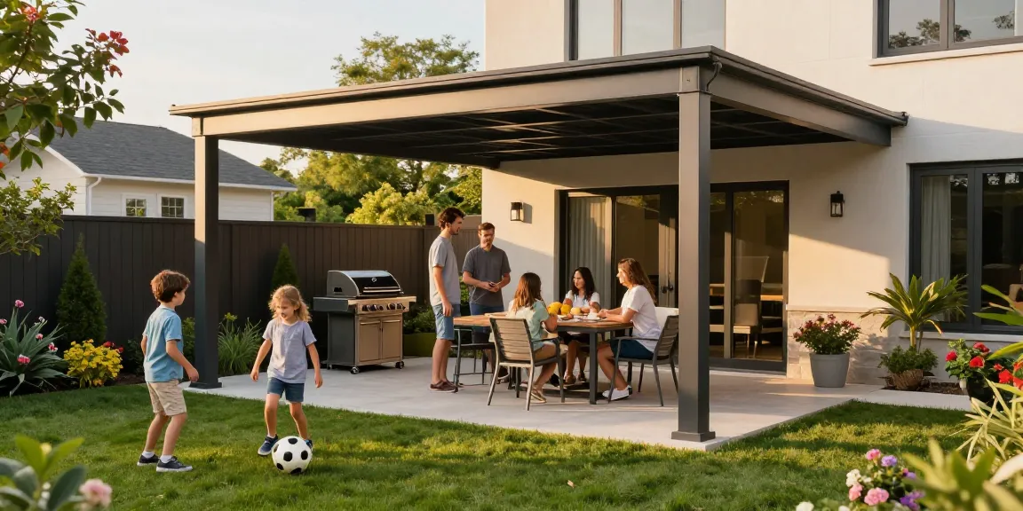 Moderne Terrassenüberdachung mit Familie beim Grillen und Spielen im Garten