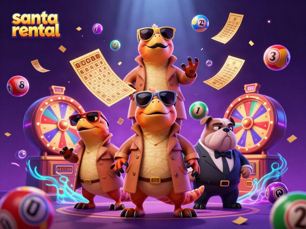 Exciting scene showcasing santa rental with three raptors and a bulldog at a casino lounge, vivid gaming elements