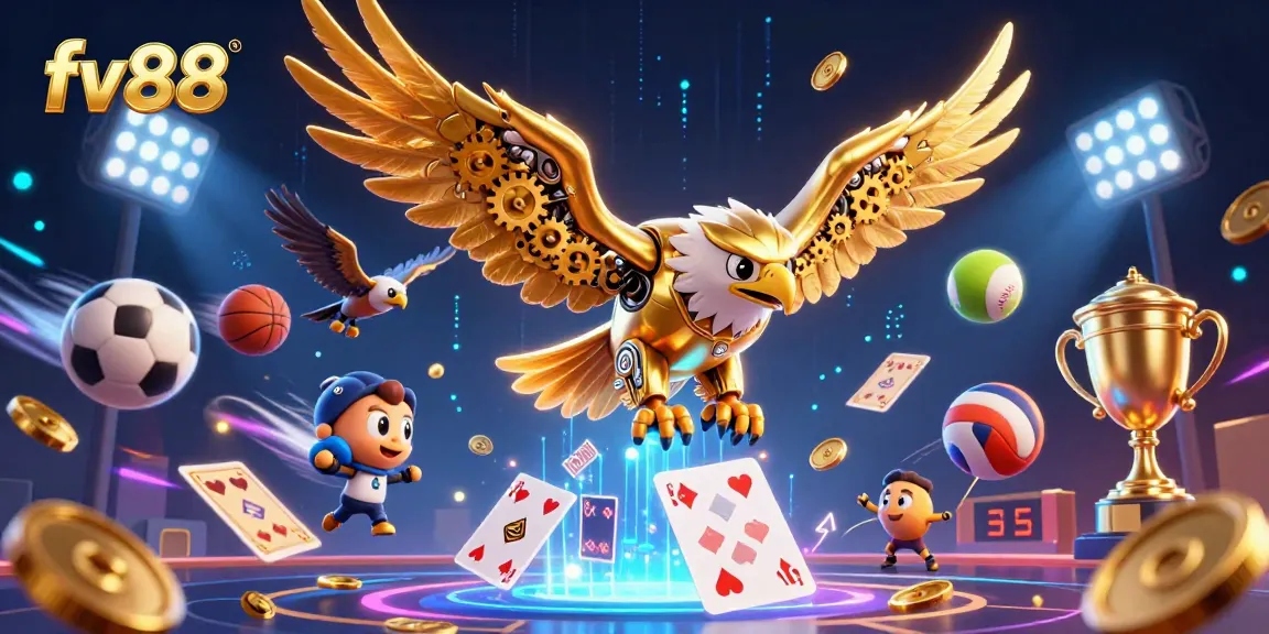 Experience dynamic sports betting action with fv88 featuring a cybernetic eagle amidst flying sports elements.