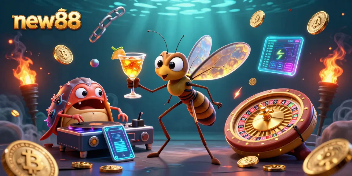 Engage with new88's vibrant casino environment featuring an animated mosquito mascot, trilobite DJ, and golden roulette wheel.