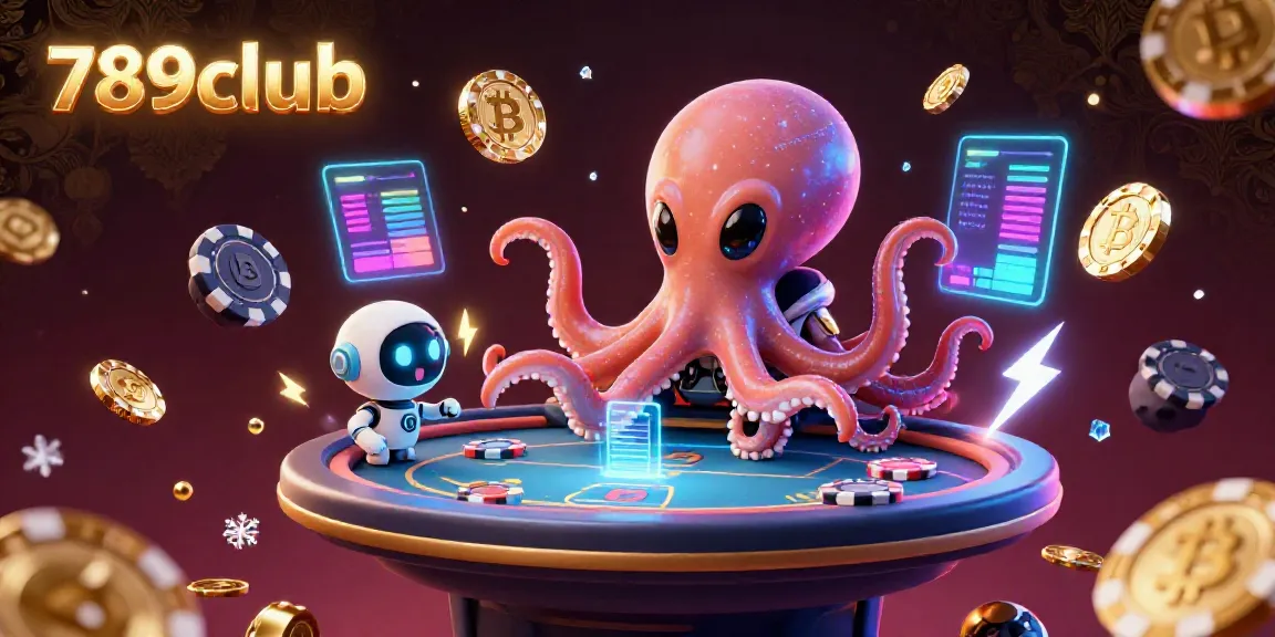 Join the excitement at 789club with a playful alien octopus controlling a holographic poker table amidst dazzling cosmic elements.