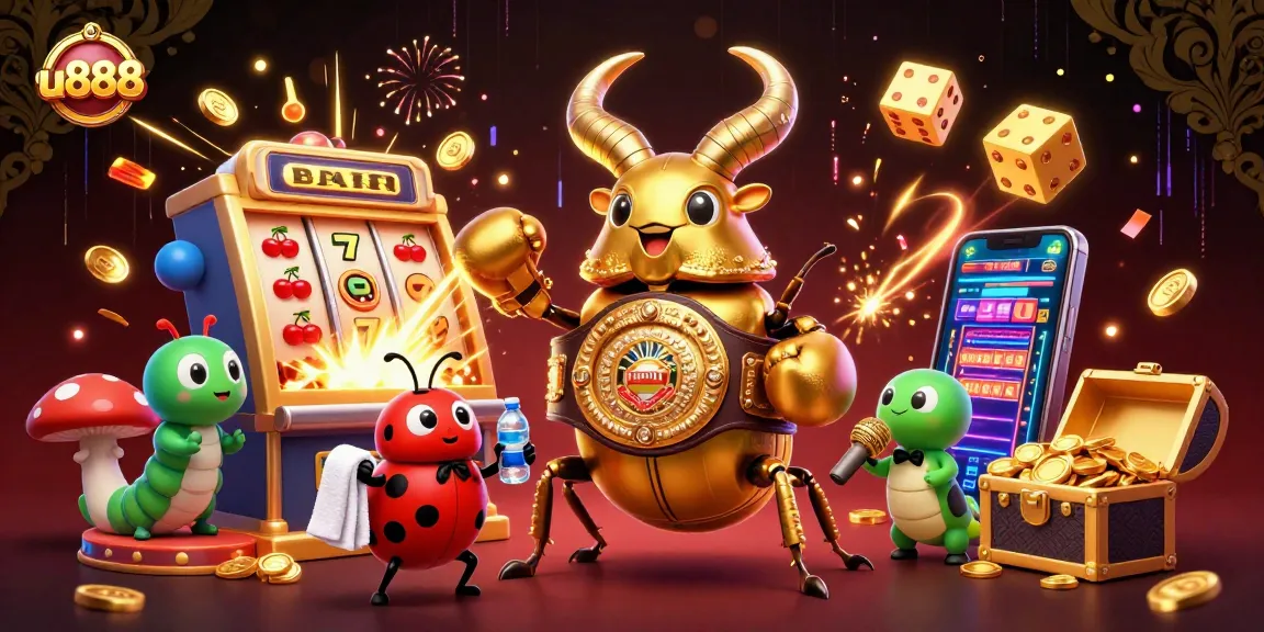 Witness the excitement of u888 with a golden stag beetle champion, jackpot explosions, and casino elements.