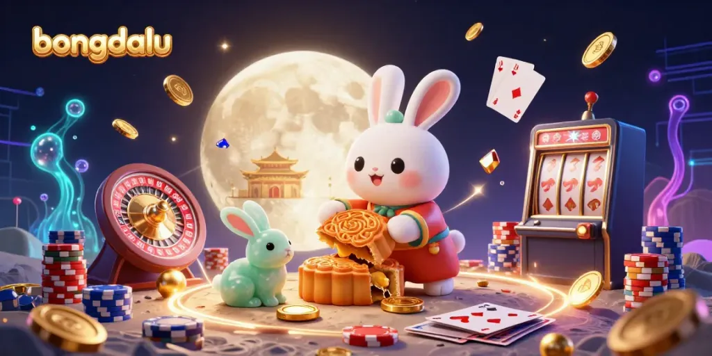 Bongdalu showcases a lunar-themed illustration with a moon rabbit, poker chips, and vibrant casino elements, capturing the excitement of gambling.