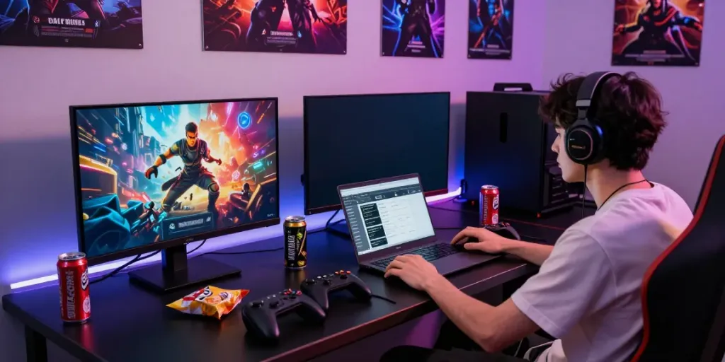 Gamer intensely focused on rokok88 gameplay, colorful monitors and gaming setup visible.