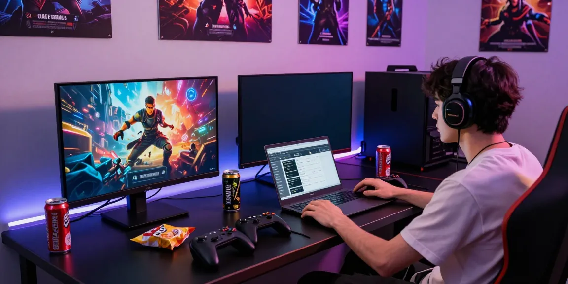 Gamer intensely focused on rokok88 gameplay, colorful monitors and gaming setup visible.
