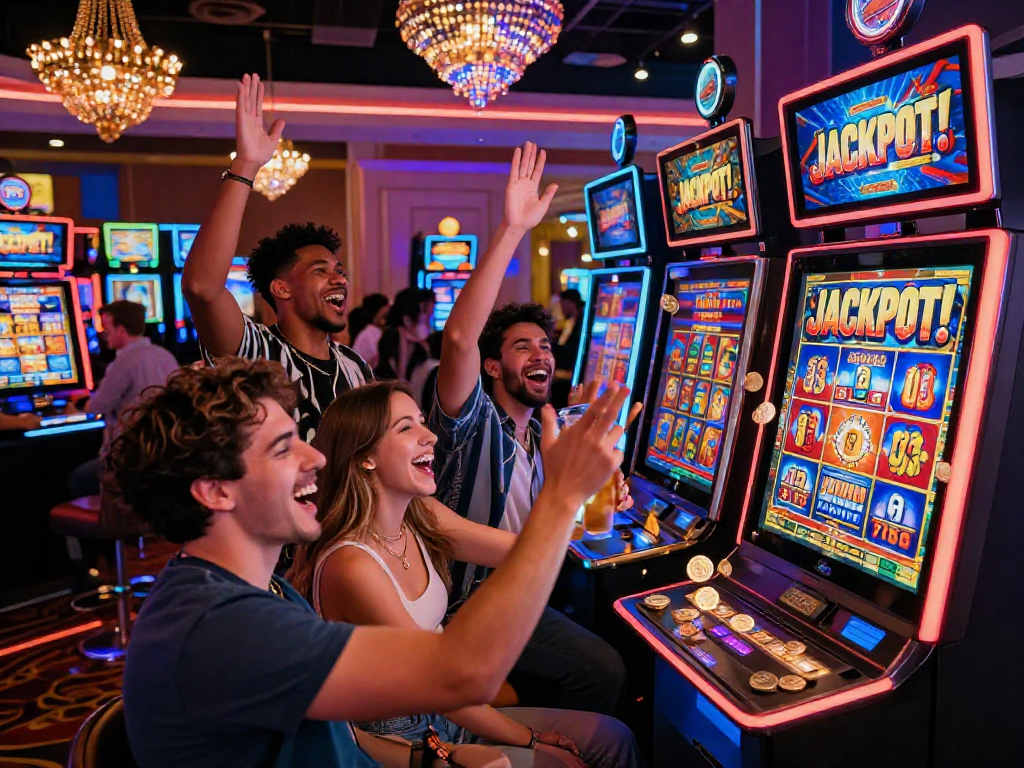Celebration around a slot jackpot win at a lively casino scene.