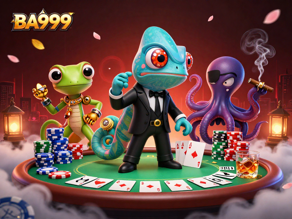 Experience the thrill at BA999 with animated casino characters and vibrant poker elements in a dynamic 3D scene.
