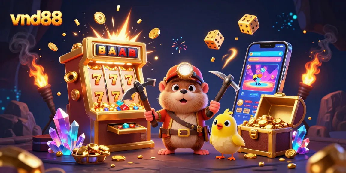 Experience the excitement of vnd88 with a colorful casino scene featuring a treasure hunter and jackpot elements.