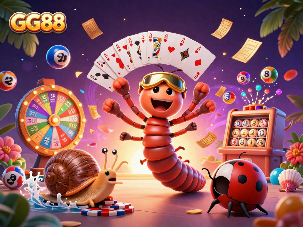 Experience the excitement at GG88 with vibrant gambling-themed characters and colorful game elements.