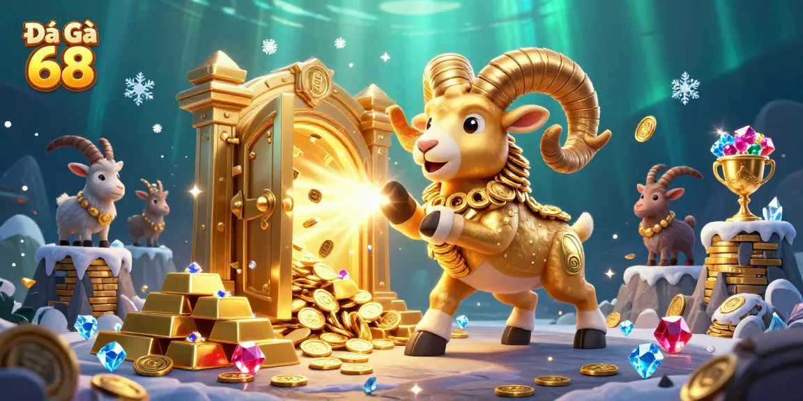 Engage in Đá Gà 68 action with dynamic golden ram and treasure vault illustration.