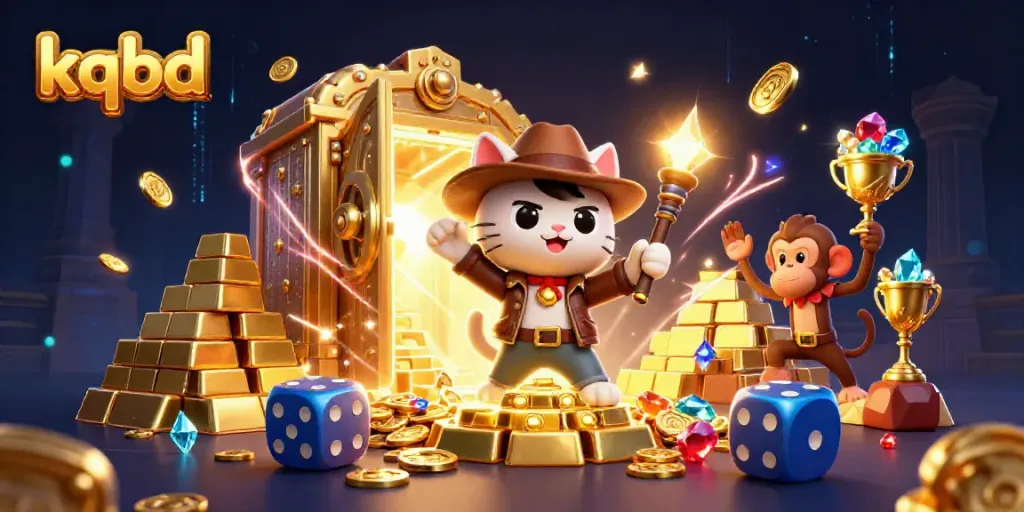 Witness the thrilling adventure of kqbd, as a cat explorer discovers golden treasures in a dynamic casino-themed scene.