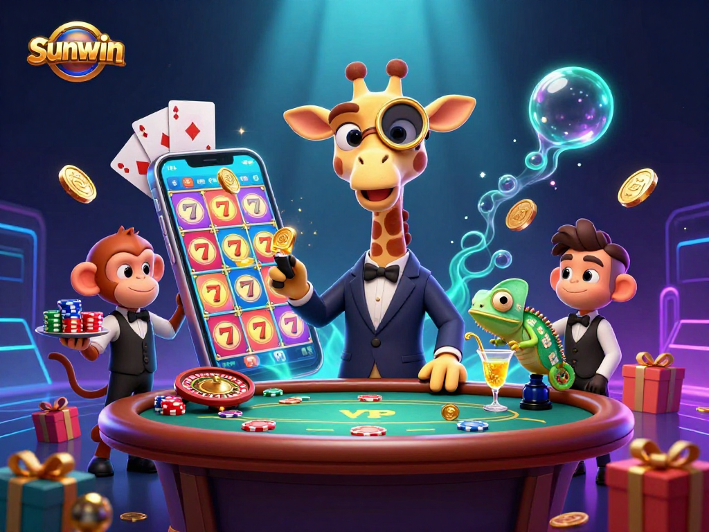 Experience winning strategies at sunwin with a lively 3D casino illustration featuring unique characters.