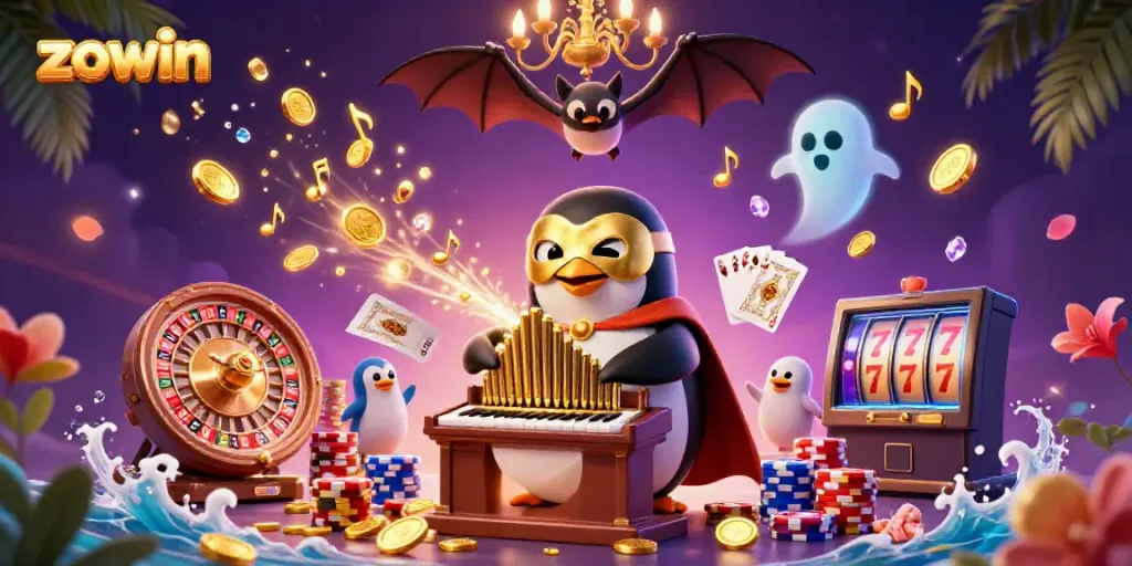 Experience the action-packed world of zowin with a cartoon penguin playing organ amidst celebratory casino elements.