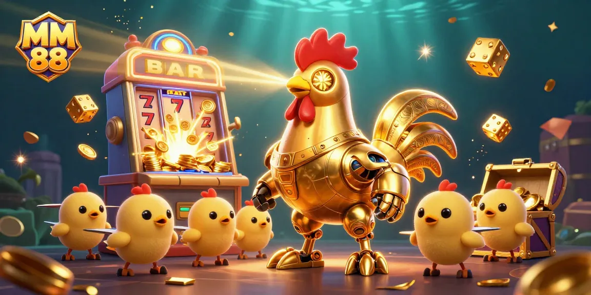 Experience the thrill of MM 88 with dynamic casino elements and a futuristic golden rooster character.