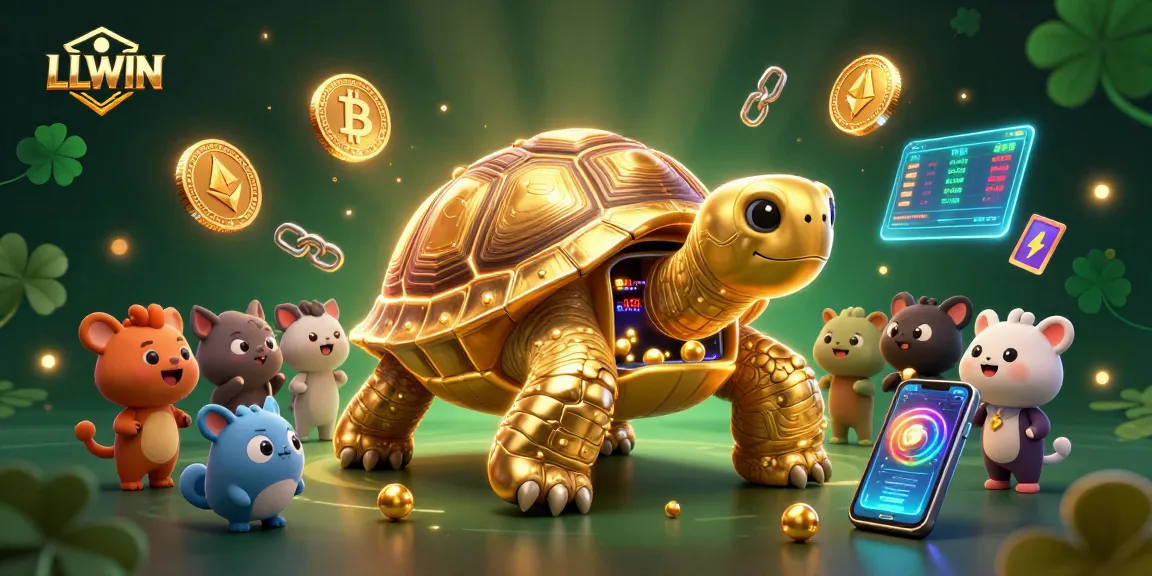 LLWIN enhances online gaming with a vibrant casino scene of a golden tortoise and animals.