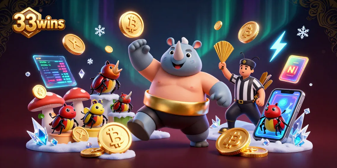 Experience 33wins excitement with a dynamic scene featuring a sumo champion and crypto elements.