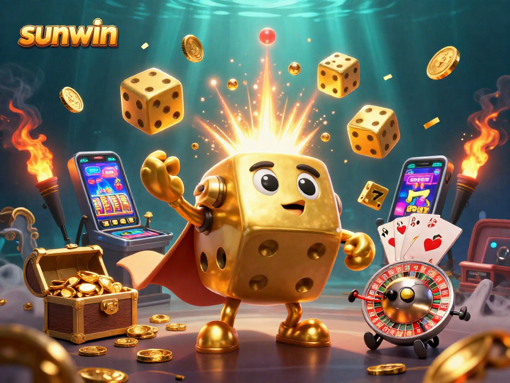 Witness sunwin's golden dice golem juggling dice and surrounded by slot machine excitement.