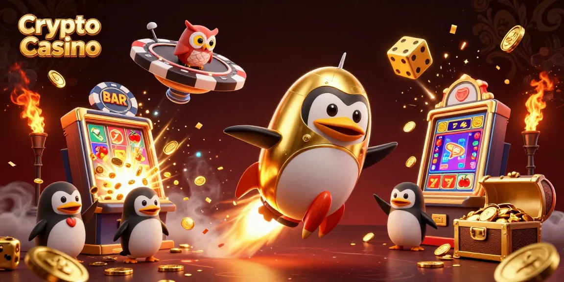 Engage with Crypto Casino's dynamic space adventure featuring a golden penguin and slot machine explosion.