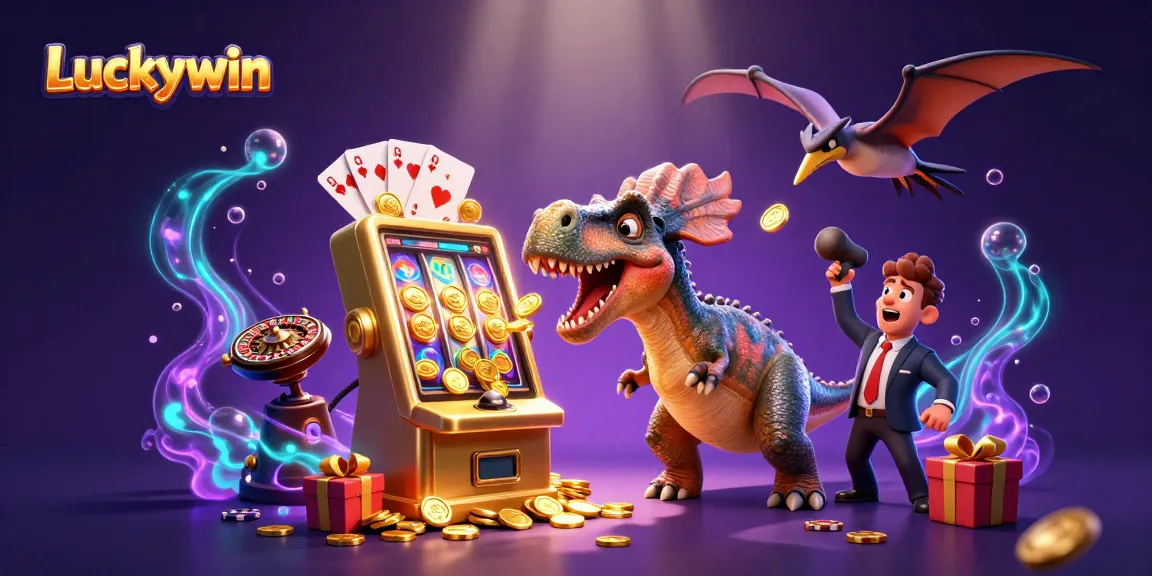 Experience lucky wins with dynamic slot action in a colorful 3D illustration featuring Luckywin themes.