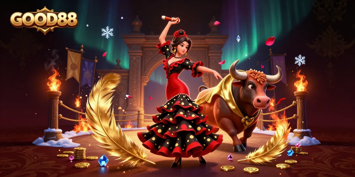 Enjoy the excitement of GOOD88 as a stunning flamenco dancer and a bull bring casino energy to life.