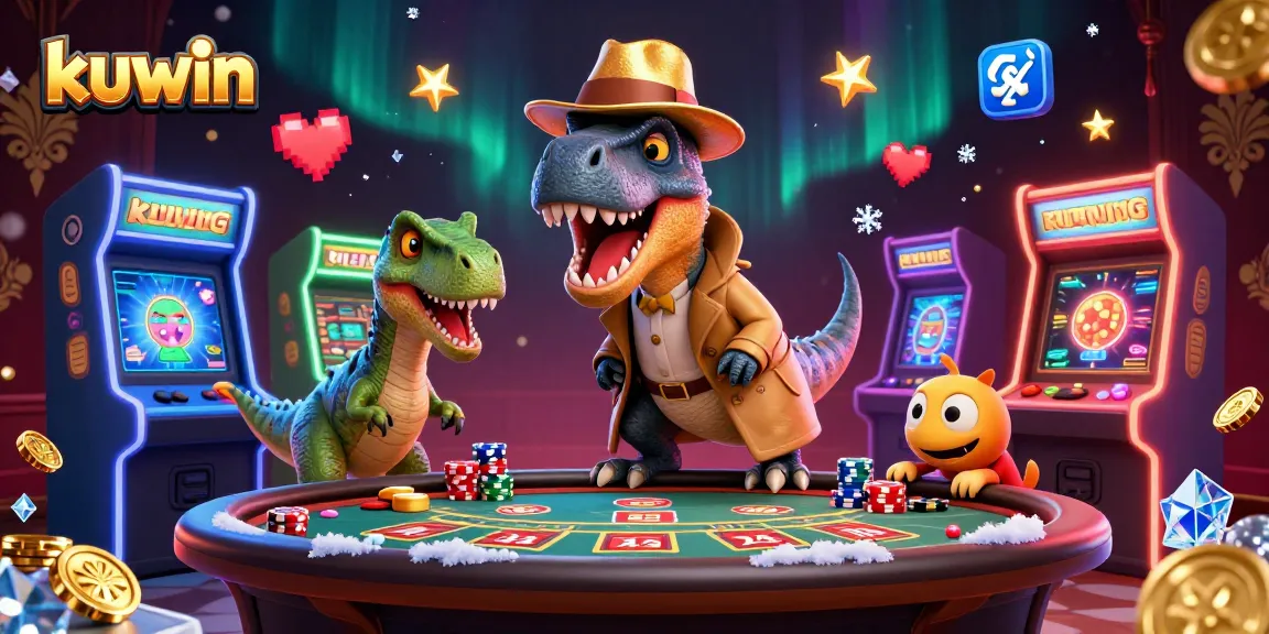 Kuwin showcases a 3D velociraptor card counter at a blackjack table, surrounded by arcade themes.
