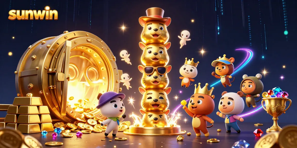 Engage with sunwin's thrilling casino experience featuring vibrant cartoon characters and rich gold elements.