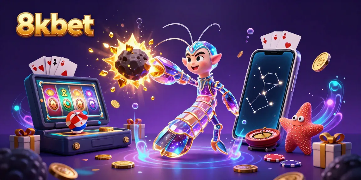 Experience thrilling action at 8xbet with a galactic mantis shrimp and starfish amidst dazzling casino elements.