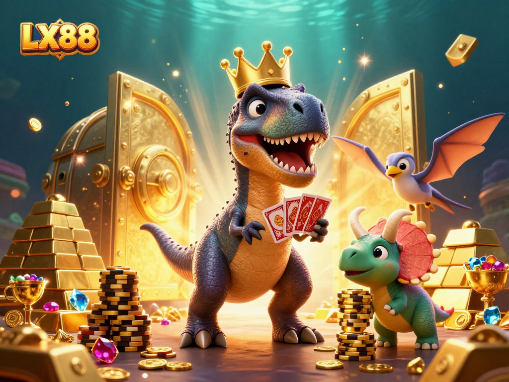 Engage in thrilling gaming adventures with LX88, featuring unique characters in a vibrant casino illustration.