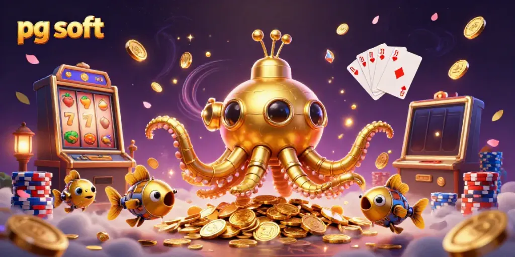 Slot game dengan pg soft menampilkan kraken emas dan ikan mekanis di lautan koin emas.