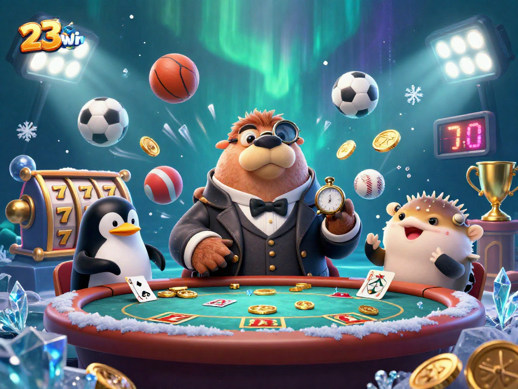 Join the oceanic fun at 23win with a jolly walrus and friends playing poker underwater.