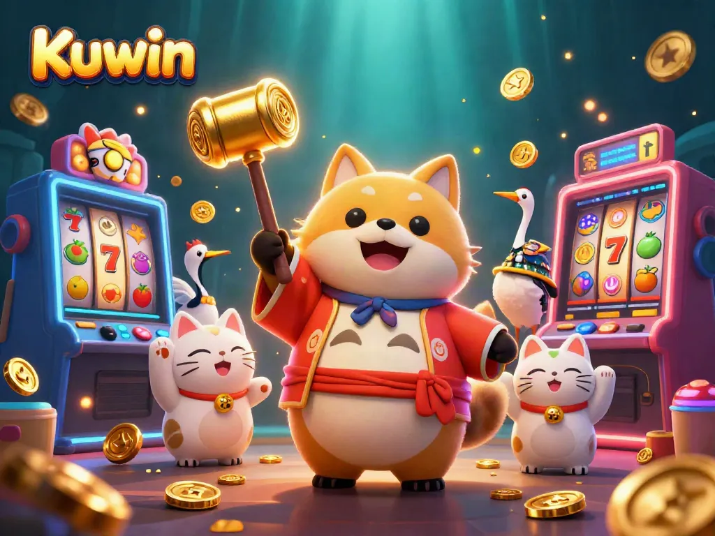 Kuwin online casino features a cheerful tanuki and friends celebrating success with slot machines.