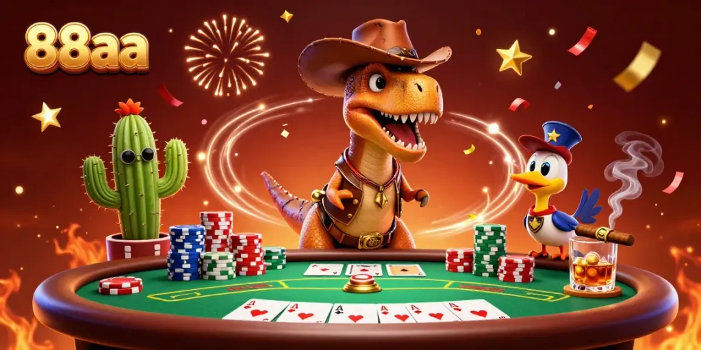 Experience the thrill of 88aa with a cartoon T-Rex and friends playing poker amidst festive elements.