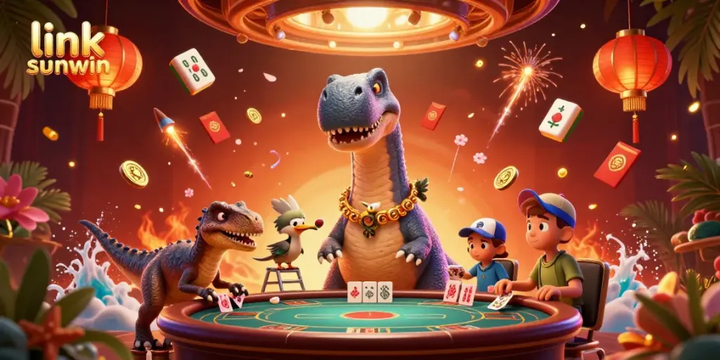 Engage in thrilling gameplay at link sunwin, where a brontosaurus peeks into a vibrant casino scene.