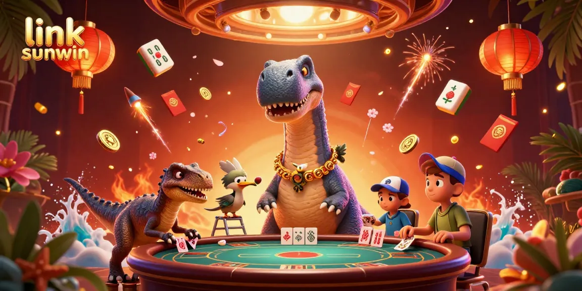 Engage in thrilling gameplay at link sunwin, where a brontosaurus peeks into a vibrant casino scene.