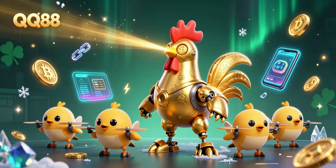 Experience the thrilling digital gaming world of QQ88 with advanced 3D characters and neon crypto elements.