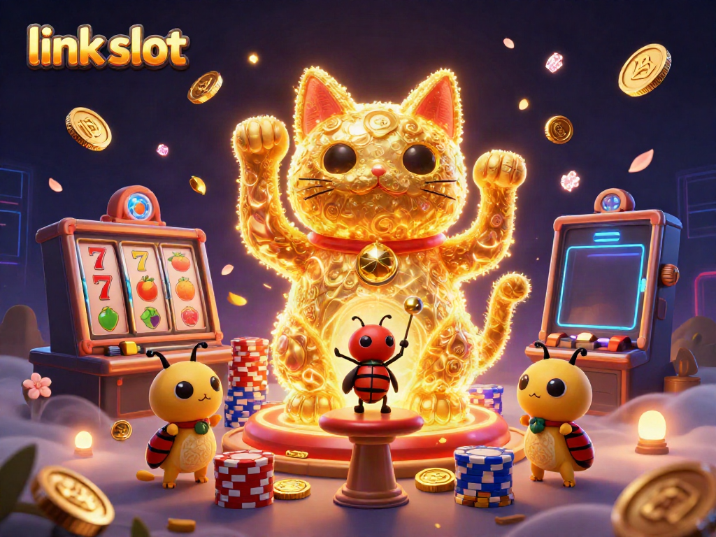 Experience the excitement of link slot games with a vibrant 3D illustration of a lucky cat and casino symbols.