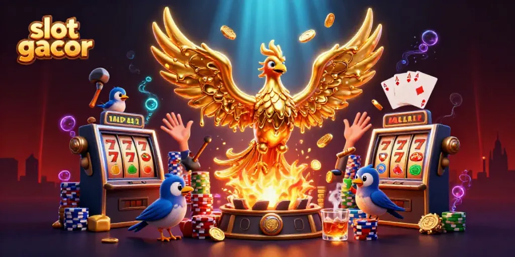 Experience excitement with slot gacor as golden coins rain from a molten phoenix in this vibrant casino scene.