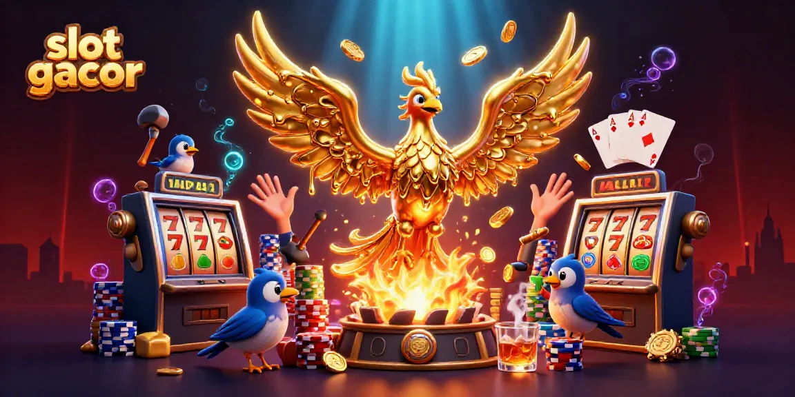 Experience excitement with slot gacor as golden coins rain from a molten phoenix in this vibrant casino scene.