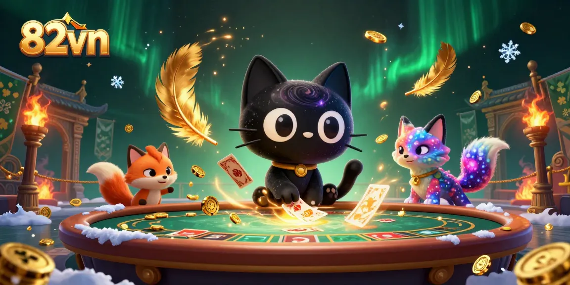 Engage with 82vn's cosmic casino scene, where a black hole cat attracts golden chips and cards.